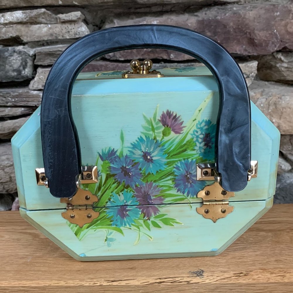VTG Wood Decoupage Purse Floral 60s 70s Pearlized Handle Felt Lined - Picture 2 of 12